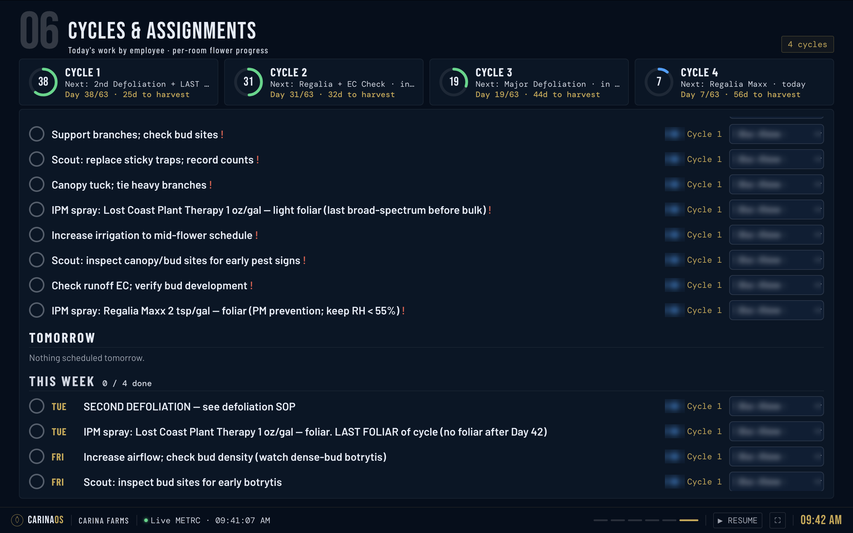 TV wallboard — cycles & assignments page: today's tasks by employee and per-room flower progress
